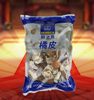廚之選(HORECA SELECT)橘皮產(chǎn)自浙江臺州500g每袋，本產(chǎn)品精心挑選上等的橘皮等原材料制作而成，品質(zhì)純正天然，讓您食用的放心。本產(chǎn)品采用的是塑料質(zhì)地包裝，簡潔大方，食用簡單，是您廚房的好幫手。本產(chǎn)品加入到菜肴中去可以讓其味道濃郁，口感醇厚鮮香，給您帶來美妙的味覺盛宴。