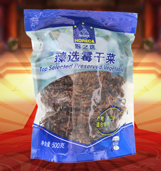 廚之選(HORECA SELECT)臻選霉干菜產(chǎn)自浙江紹興500g每袋，蕭山霉干菜是浙江省紹興市夾灶鄉(xiāng)的漢族傳統(tǒng)名菜。夾灶原屬紹興縣，故歷來以“紹興霉干菜”為名。此產(chǎn)品由大葉芥加工而成，色澤烏黑，香氣濃郁，味美質(zhì)嫩，久貯不變，是一種常年食用的大眾化食品州，霉干菜一般用芥菜、尚未抽苔的白菜和油菜等腌制后曬干制成。