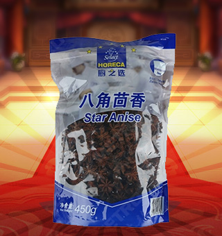 廚之選(HORECA SELECT)八角茴香產(chǎn)自廣西玉林450g每袋，本產(chǎn)品精心挑選上等的食用鹽、八角茴香原材料制作而成，品質(zhì)純正天然，讓您食用的放心。本產(chǎn)品采用的是塑料質(zhì)地包裝，簡潔大方，食用簡單，是您廚房的好幫手。本產(chǎn)品加入任何的菜肴后讓其味道濃郁，口感醇厚鮮香，給您帶來美妙的味覺盛宴。